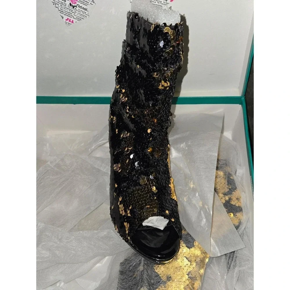 Lauren Lorraine Marlow Black/Gold Sequin Peep Toe Heel